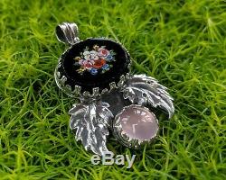 Antique Italian Micro Mosaic Pendant, Sterling Silver with Pink Rose Quartz