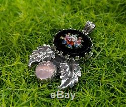 Antique Italian Micro Mosaic Pendant, Sterling Silver with Pink Rose Quartz