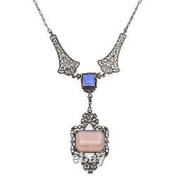 Antique Sterling Silver Rose Quartz, Blue Chalcedony, Marcasite Pendant Necklace