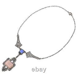 Antique Sterling Silver Rose Quartz, Blue Chalcedony, Marcasite Pendant Necklace