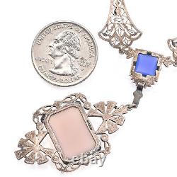 Antique Sterling Silver Rose Quartz, Blue Chalcedony, Marcasite Pendant Necklace