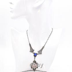 Antique Sterling Silver Rose Quartz, Blue Chalcedony, Marcasite Pendant Necklace