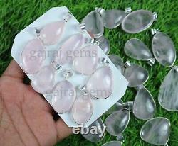 Awesome Offer 50 Pieces Natural Pink Rose Quartz Gemstone Silver Plated Pendant