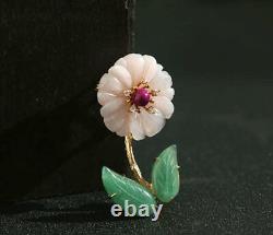 B12 Pendant Bloom Rose Quartz Pink Leaves Green Jade Gold Plated
