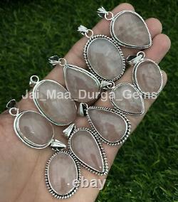 BIG Bulk Natural Rose Quartz Gemstone Silver Plated Necklace Collet Pendant P100