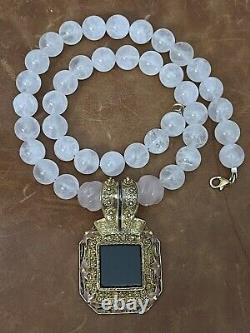 Barbara Garwood Gold Over 925 Filigree Enamel Onyx Pendant Rose Quartz Necklace
