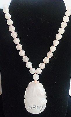 Beautiful Genuine Rose Quartz Crystal Bead Necklace Huge Swan Pendant