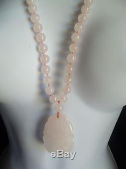 Beautiful Genuine Rose Quartz Crystal Bead Necklace Huge Swan Pendant