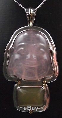 Beautiful Rose Quartz Buddha Head & Yellow Aventurine Sterling Silver Pendant
