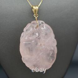 Beautifully Sculptured Carved Rose Quartz with Flowers and Fruit Pendant in 14k