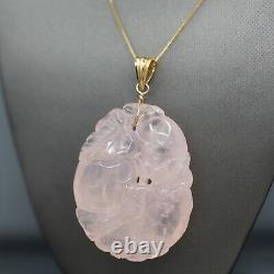 Beautifully Sculptured Carved Rose Quartz with Flowers and Fruit Pendant in 14k