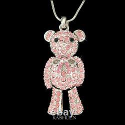 Big 3D Gold Movable Pink Teddy Bear made with Swarovski Crystal Animal Necklace