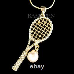 Big Tennis Racket made with Swarovski Crystal Pearl Ball Racquet Gold T Necklace
