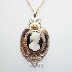 Black Onyx & Chalcedony Quartz Cameo Pendant Necklace in 14k Rose Gold Pendant
