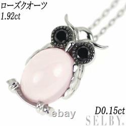 Brand New K18WG Rose Quartz Black Diamond Pendant Necklace 1.92 ct D0.15ct Owl S