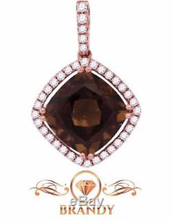 Brandy Smoky Quartz 14k Rose Gold Diamond Shaped Halo Diamond Necklace Pendant