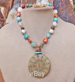 Brown Carved JADE Pendant Necklace Turquoise Carnelian Coral Jasper Rose Quartz