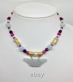 Burmese jade butterfly carving/ amethyst/rose quartz/ fresh water pearl necklace