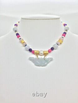 Burmese jade butterfly carving/ amethyst/rose quartz/ fresh water pearl necklace
