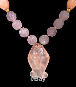 CHINESE ROSE QUARTZ AMETHYST Double Fish Gold Necklace Pendant Carved Beads