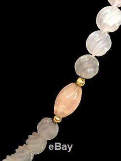 CHINESE ROSE QUARTZ AMETHYST Double Fish Gold Necklace Pendant Carved Beads