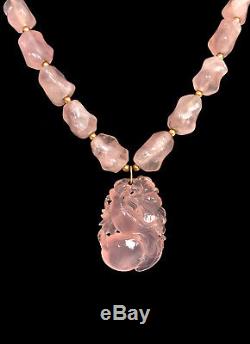 CHINESE ROSE QUARTZ Crystal Pink Knuckle Bone Necklace w Peach & Bird Pendant