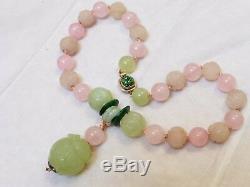 CHINESE VINTAGE CARVED JADE, Rose Quartz BEADS NECKLACE Pendant, Silver Clasp