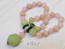CHINESE VINTAGE CARVED JADE, Rose Quartz BEADS NECKLACE Pendant, Silver Clasp