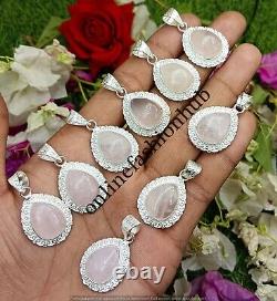 Calming Rose Quartz Gemstone 925 Sterling Silver Plated 50 PCs Handmade Pendant