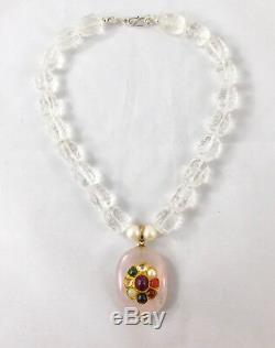 Carved Chinese Mark Rock Crystal Necklace Rose Quartz Gemstone Pendant 925 Clasp