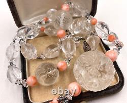 Carved Clear Rock Crystal Beads Pendant Genuine Coral Tassel Necklace Cut Steel