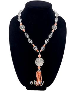 Carved Clear Rock Crystal Beads Pendant Genuine Coral Tassel Necklace Cut Steel