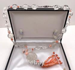 Carved Clear Rock Crystal Beads Pendant Genuine Coral Tassel Necklace Cut Steel