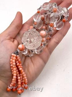 Carved Clear Rock Crystal Beads Pendant Genuine Coral Tassel Necklace Cut Steel