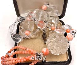 Carved Clear Rock Crystal Beads Pendant Genuine Coral Tassel Necklace Cut Steel