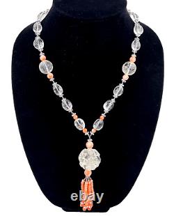 Carved Clear Rock Crystal Beads Pendant Genuine Coral Tassel Necklace Cut Steel