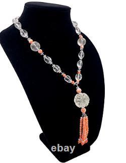 Carved Clear Rock Crystal Beads Pendant Genuine Coral Tassel Necklace Cut Steel