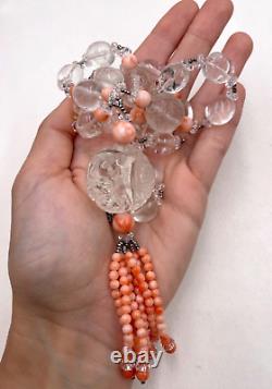 Carved Clear Rock Crystal Beads Pendant Genuine Coral Tassel Necklace Cut Steel