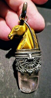 Carved Horse Head, Tiger Eye & Rose Quartz Crystal Pendant, Sterling by Som's