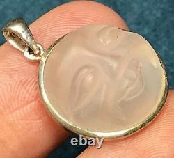 Carved Man in the Moon Face Rose Quartz Pendant in Sterling Silver-ts3 6 20