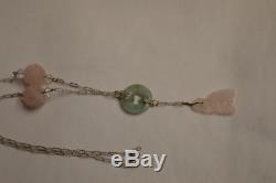 Carved Rose Quartz & Jade With Nephrite Buddha Pendant On Sterling Silver Chain