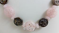 Carved Rose Quartz & Sterling Silver Tao Chinese Yin Yang Bead Necklace