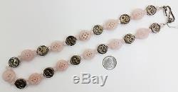 Carved Rose Quartz & Sterling Silver Tao Chinese Yin Yang Bead Necklace
