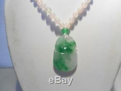 Carved apple green jade pendant on rosequartz beaqds neckllace/ silcer clasp