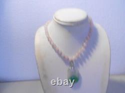 Carved green & white pendant/ rose quartz necklace / silver clasp
