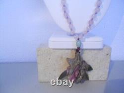 Carved pink & brown jasper flower pendant/ rose quartz necklace/silver clasp