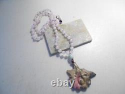 Carved pink & brown jasper flower pendant/ rose quartz necklace/silver clasp