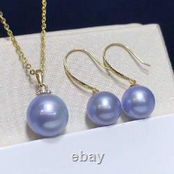 Certified Natural Blue Rose Pearl 18K Gold Pendant Earrings + Silver Chain Gift