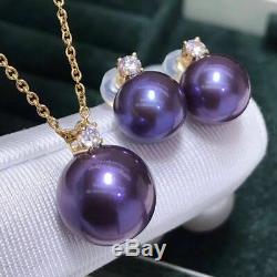 Certified Natural Purple Pearl 18K Gold Inlay Pendant Earrings Set Women Gift