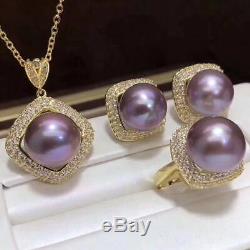 Certified Natural Purple Pearl 18K Gold Plated Pendant Ring Earrings Set Gift